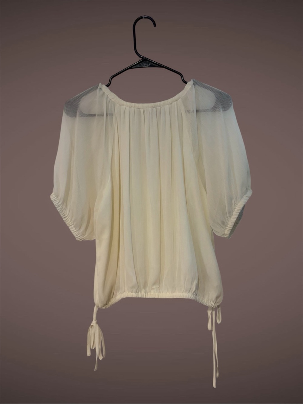 LOFT Cream Sheer Peasant Blouse Puff Sleeve Tie Hem Size Small NWT